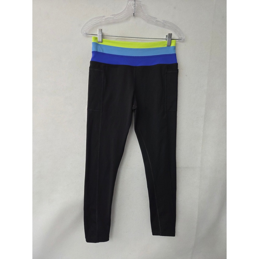 Love & Sports Women Black Neon Colorblock Waistband Leggings Pockets S LS23C916